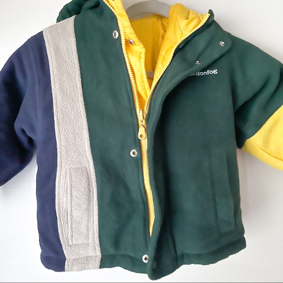 London Fog Toddler Yellow Reversible Rain Coat with Green Stripe Fleece Puffer - Picture 2 of 5